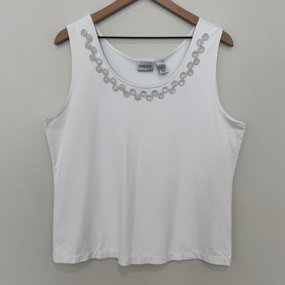 Chicos White Tank Top Silver Metallic Embroidered Scoop Neck Shell XL Size 3
